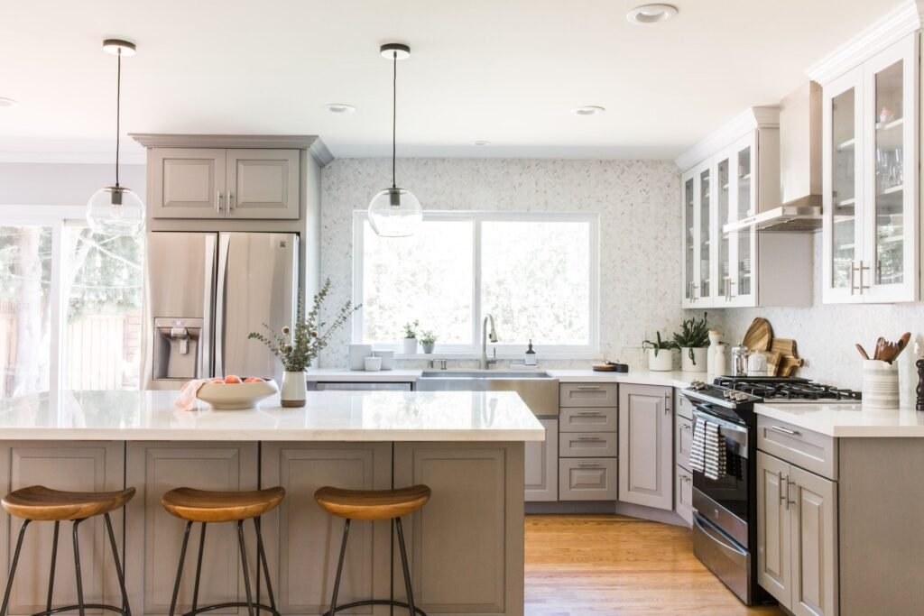 light grey cabinets with white walls