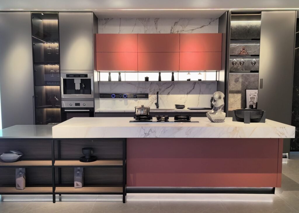 red-kitchen-cabinet-with-island