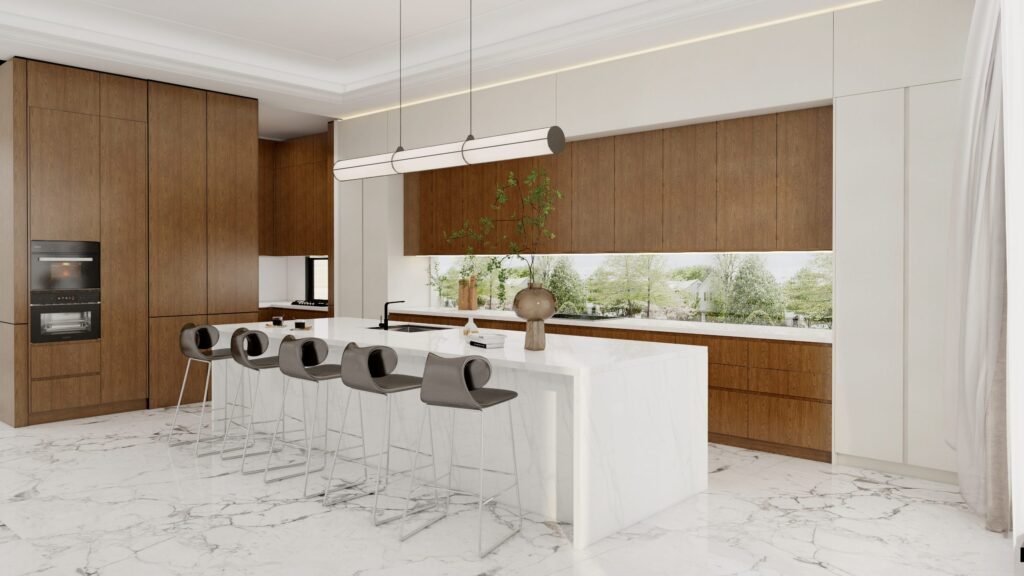 Integrated-Walnut-Cabinets-and-Marble-Countertops-in-Modern-Kitchen-1-scaled