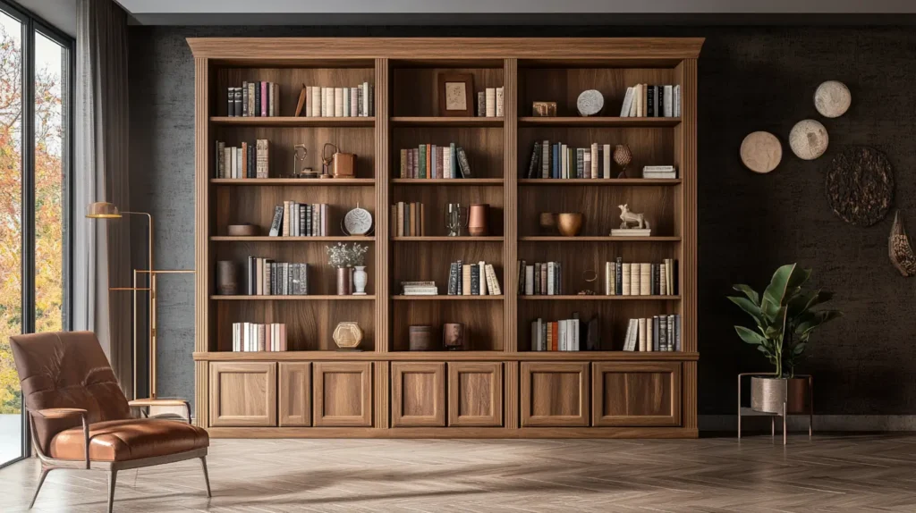 A_classic_wooden_bookcase_with_multiple_horizontal